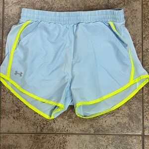 Under Armour Women's Sky Blue Shorts with Neon Yellow Trim